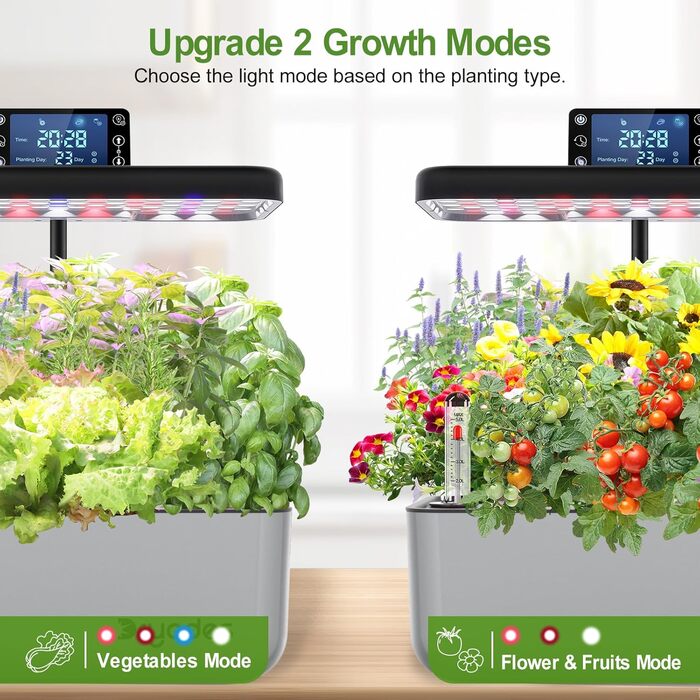 Гідропонна система вирощування 12 капсул, розумний сад для трав з LED-лампою повного спектру 24W, для дому/офісу/школи (сріблястий), 12 капсул - сріблястий