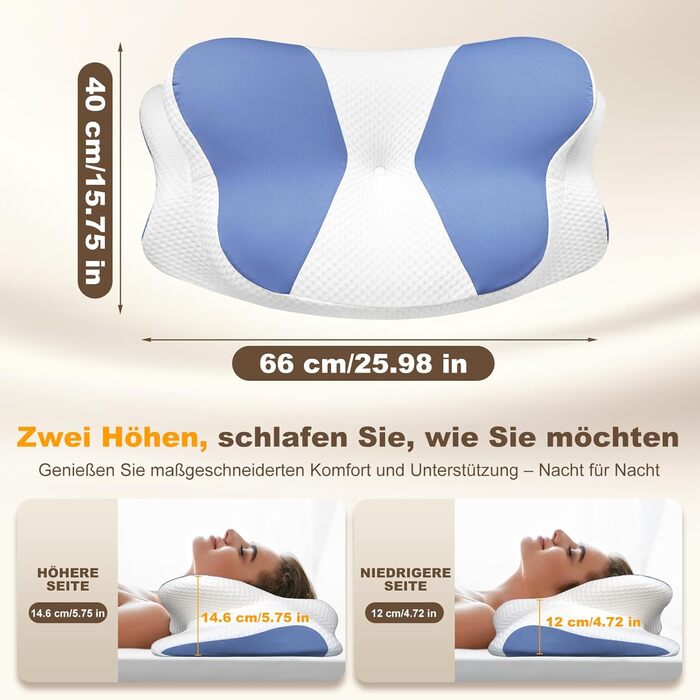 Ортопедична подушка для шиї та плечей - подушка з Memory Foam для сну на спині, боці та животі, ергономічна подушка з підтримкою шиї (66 x 40 x 14 см) - 1 шт.
