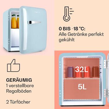 Klarstein Mini-холодильник з морозильною камерою, 32/37 л, для напоїв та косметики, ретро-дизайн, тихий, для кімнати, 2-в-1, енергоклас E, пастельно-блакитний