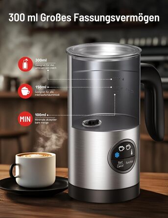 Електричний спінювач молока PARIS RHÔNE 4-в-1, 300 мл, індукція, антипригарне покриття, бездротовий, срібний