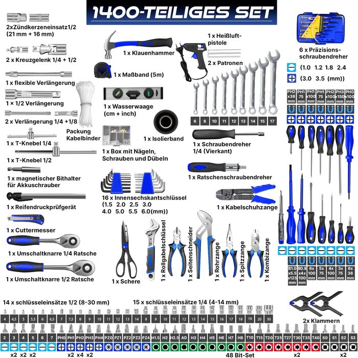 Набір інструментів MASKO 1400 предметів в алюмінієвому кейсі на колесах | Професійний інструментальний візок для дому, авто, хобі та майстерні (Синій)