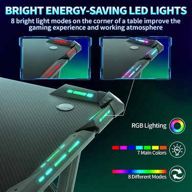 Ігровий стіл 120x60 см з підсвіткою LED, A-frame, з тримачем для напоїв та гачком для навушників, карбонове покриття, ергономічний для дому та офісу