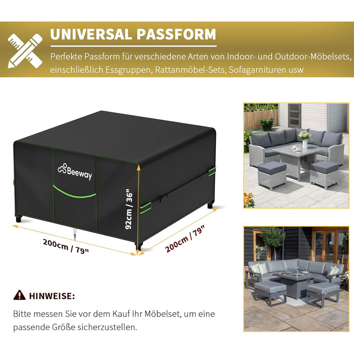Чохол для садово-патіо меблів BEEWAY, 300x250x102 см, водовідштовхувальний, захист від УФ, зимовий, чорний