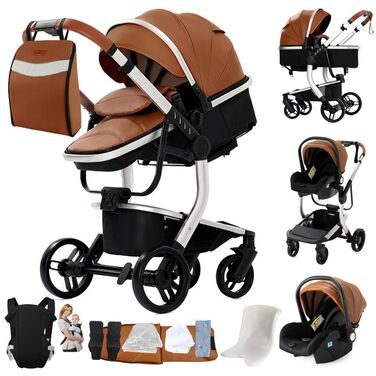 Дитяча коляска 3 в 1 Kinderwagen, 0-4 роки, складна, компактна, з автокріслом, аксесуари, бежевий (3 in 1-B518)