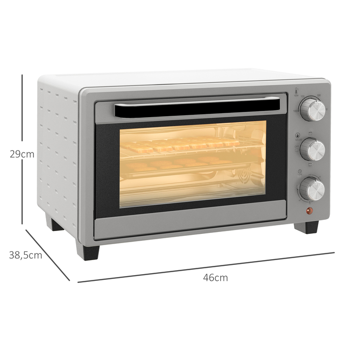 Міні-піч HOMCOM об'ємом 21 л, з регулюванням температури від 100°C до 230°C, таймером на 1 годину, 3 режимами приготування, решіткою, декою, нержавіючою сталлю, розмірами 46 x 38,5 x 29 см, срібна | Aosom