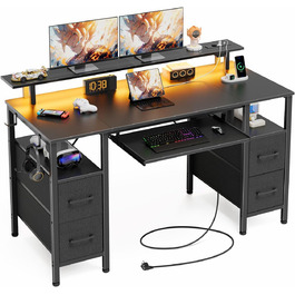 Комп'ютерний стіл Rolanstar з ящиками, 120x47 см, ігровий стіл з розеткою, LED-підсвітка та підставка для монітора, стіл для дому, офісу, вітальні, білий (чорний)