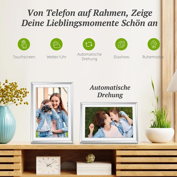 Цифровий рамка для фотографій з дерева, Wi-Fi, 32GB, 10.1 дюйма, IPS сенсорний екран, Frameo APP, подарунок, дуб (срібло)