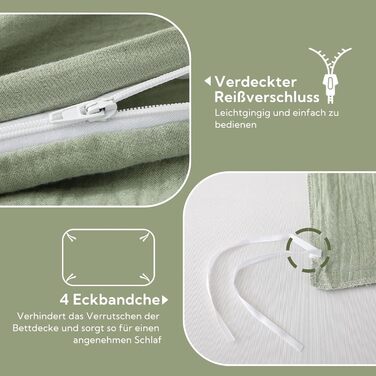 SOULFUL Комплект постільної білизни з мусліну 200x200, бавовна, 3 шт. (1x простирадло 200x200, 2x наволочки 80x80), Органічна білизна, колір лакричник, з блискавкою