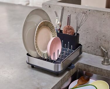 Сушарка для посуду Joseph Joseph Extend Slim з нержавіючої сталі, висувна, компактна, з підставкою для столових приборів та поворотним зливом, сіра