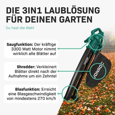 Електричний повітродув-пилосос VONROC 3300W 3-в-1 з функцією подрібнення листя та мішком для збору 40л