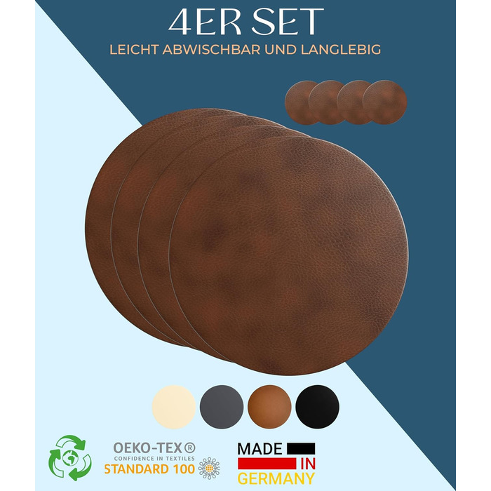Набори серветок Garnier® з екологічного шкіряного матеріалу, 4 шт. – Миючі, стабільні, протиковзні – Виготовлено в Німеччині (круглі, темно-коричневі)