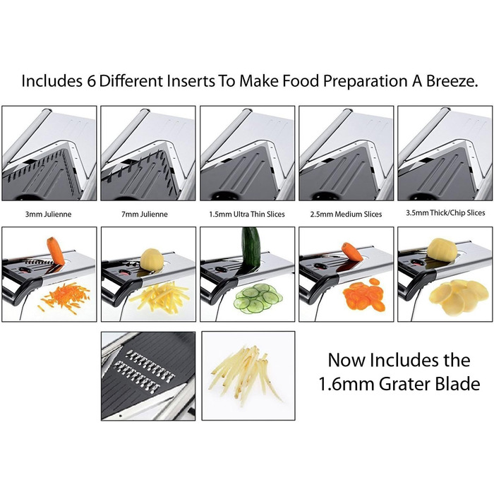 Мандоліна для нарізання овочів Chef's INSPIRATIONS з V-подібною лезою, овочевий терт, слайсер та джигунер. В комплекті 6 насадок, щітка для чищення та захисний рукавичка. Нержавіюча сталь.