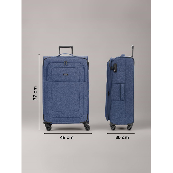 Набір валіз REDOLZ 3 шт. для жінок та чоловіків | Легкі та міцні валізи-ролики, якісний софт-кейс, 4 подвійні колеса, TSA-замок, розширювані | Blue, L (79 см)