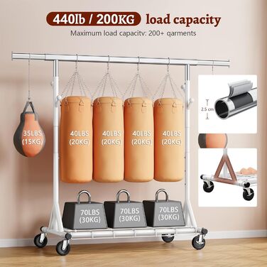 Стійка для одягу на колесах FAVOOOSTY, металева, мобільна, до 200 кг, швидка установка, білий колір, 1 перекладина