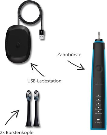 Електрична зубна щітка Tristan Auron SonicMaster (Блакитна) - 6 голів, акумулятор 60 днів, 5 режимів, 55000 VPM, таймер 2 хв, з чохлом