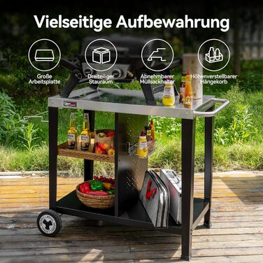 Роял Гормет: Робоча поверхня для гриля 85x50 см з нержавіючої сталі, візок на 3 яруси для гриля та піци, з ручками, тримачем для сміття та полицями для зберігання, легко миється та мобільний