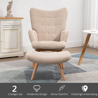Крісло HOMCOM Wingback з табуретом Крісло з м'якою реклайнером Вельвет Look Крісло для відпочинку Крісло Крісло з дерев'яними ніжками Телевізор Крісло бежеве для вітальні