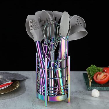 38-ти елементний набір кухонного посуду з силікону з підставкою для інструментів, силіконовими головками та нержавіючою сталею, кухонні аксесуари, набір посуду (сріблястий) (4. Райдуга + посудини для інструментів)