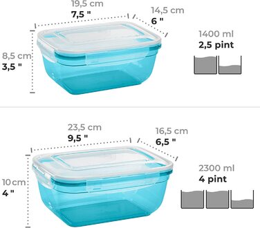 Набір банок для зберігання Grizzly 4 (0,4 л, 0,8 л, 1,4 л, 2,3 л), круглі, пластикові, 100 повітря / вода, банки для зберігання в мікрохвильовій печі, М'ятні (прямокутні, 0,4 л, 0,8 л, 1,4 л, 2,3 л, бензинові)
