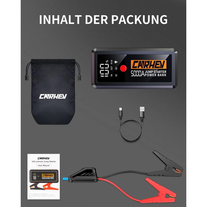 Powerbank для авто Starthilfe 5000A: зарядний пристрій, бустер, 12V, 8.0L бензин/дизель, USB, LED ліхтарик