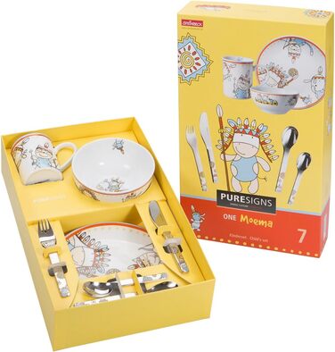 Дитячий посудовий набір Puresigns MOEMA 7-piece – Яскравий дизайн у стилі Дикого Заходу з вождем 'Мирна Корова' – Якісний нержавіючий сталь та порцеляна – Ідеально для днів народжень та особливих подій