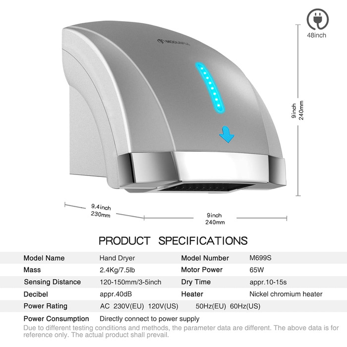 Автоматичний сушар для рук, настінний, інфрачервоний сенсор, 2000W, для ванної кімнати/туалету, тихий (40 db), компактний, ABS-кришка (сірий)