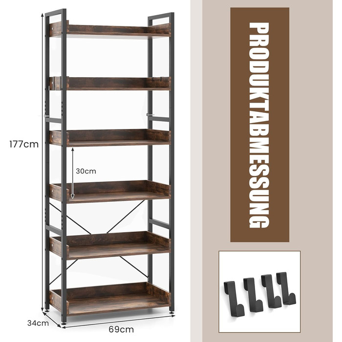Книжкова шафа COSTWAY з 6 ярусами, металева стояча полиця з 4 мотиками, офісна полиця для промислового дизайну Окремо стояча полиця для зберігання для вітальні, спальні, кабінету, 69 x 34 x 177 см