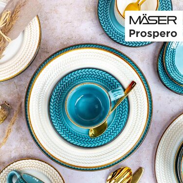 Серія Prospero, преміум 4 персони в гастрономічній якості, сучасний набір тарілок з 8 предметів в унікальному вінтажному стилі, синій, міцний фарфор (білий, кавовий сервіз)