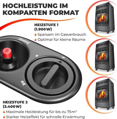 Газовий обігрівач KESSER®: газовий камін-обігрівач з інфрачервоним випромінюванням, 3.4 кВт, 2 режими, з регулятором тиску та шлангом, сумісний з бутаном/пропаном (до 11 кг), антрацит