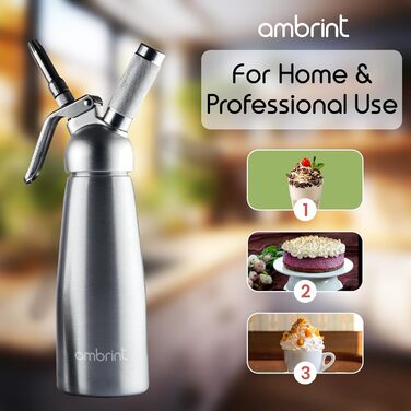 Дозатор для збитого вершку: міцний алюмінієвий кантер з 6 насадками (нержавіюча сталь & пластик), щітка для чищення та сумка для зберігання. Преміум-дозатор для домашніх десертів