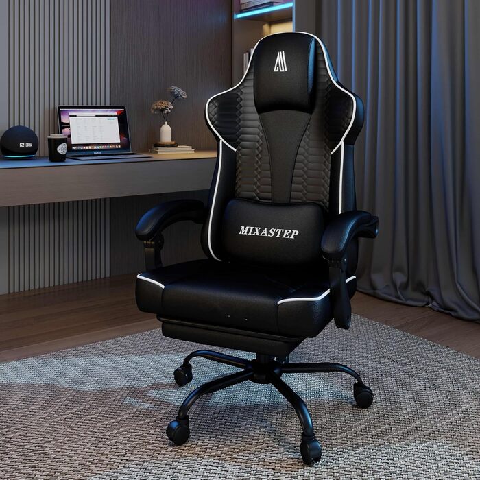 Ергономічне геймерське крісло з підніжкою, підголівником та підтримкою попереку. Регульоване геймерське крісло для дому та офісу. Біле.