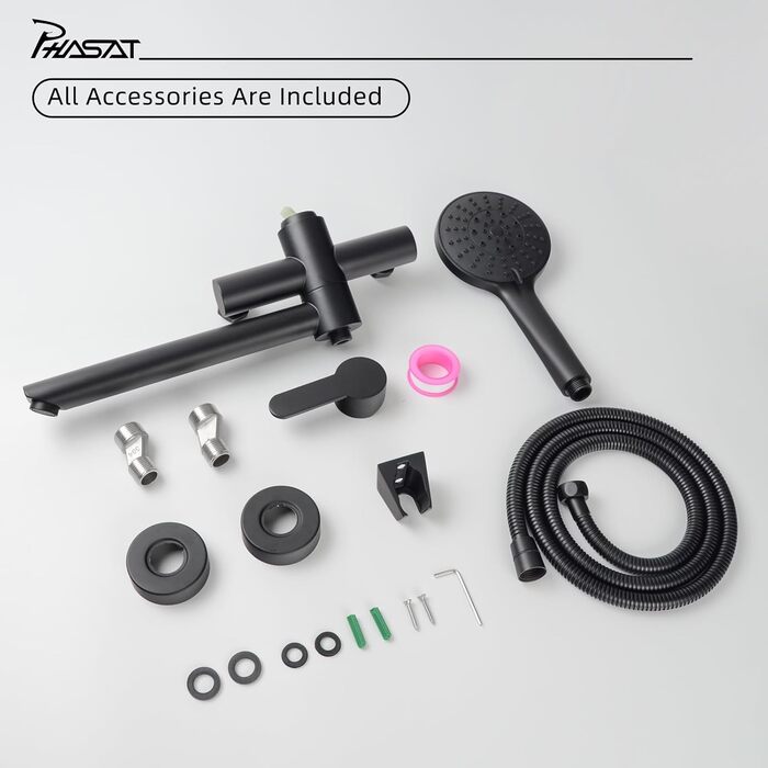 Змішувач для ванни PHASAT з витяжною лійкою, чорний, настінний монтаж, PTBB13E Long spout