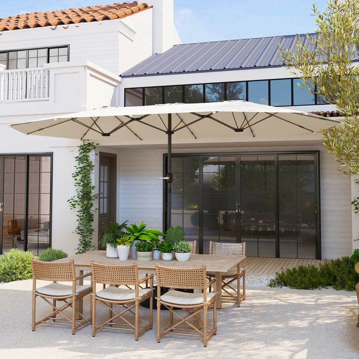 Outsunny Double Parasol 436 x 260 см, Сталева парасолька із захистом від ультрафіолету з ручною рукояткою, Овальна балконна парасолька Пляжна парасолька Вітрозахисна стабільна ринкова парасолька Колінчастий парасольку для пляжного балконного саду, бежева