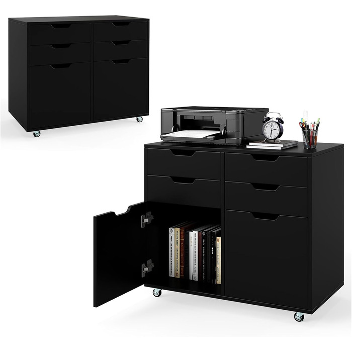 Шафа для документів Komfotteu з 5 колесами, контейнер на коліщатах з 4 шухлядами та 2 дверцятами, дерев'яний офісний контейнер, шафа для документів, візок для офісу, стіл для принтера для офісу, вітальні (Білий) (Чорний)