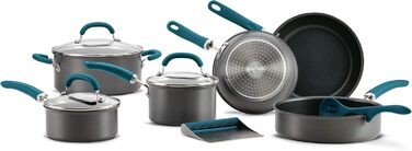 Набір кухонного посуду Rachael Ray, 11 предметів, з нержавіючої сталі, з антипригарним покриттям, сірий з блакитно-зеленими ручками
