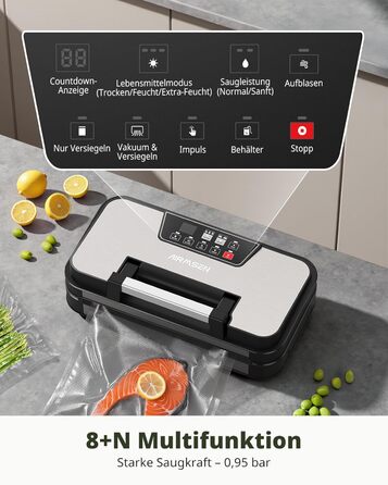 Вакууматор AIRMSEN 95 кПа з функцією підкачки, професійний вакуумулятор для сухих та вологих продуктів, 120 Вт, з відсіком для рулонів, різаком та шлангом, подвійний шва 2x3 мм