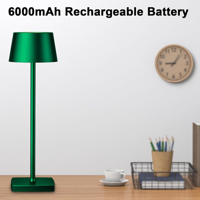 LED настільна лампа бездротова, 6000mAh, IP54, алюміній, сенсорне керування, тепле світло, для спальні, кав'ярні, ресторану (зелена)