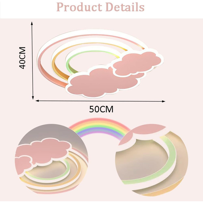 Світлодіодний стельовий світильник Дитяча з можливістю затемнення з дистанційним керуванням, Хмари Веселка Нічник Рожевий