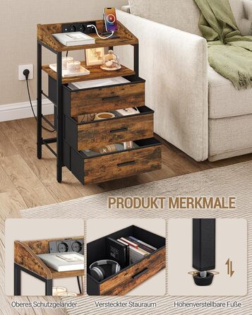 Приліжкова тумбочка Hzuaneri з LED-підсвіткою та функцією зарядки, 3 висувні ящики з тканини, USB-порти та розетки, для спальні/вітальні, чорний/коричневий, NS36301BEU, 1 шт.