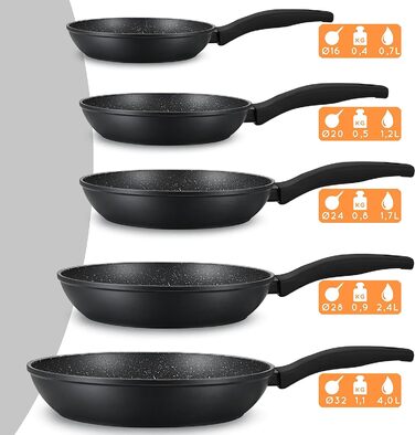 Набір сковорідок DIVORY з 2 частин 24см, 28см індукційна - Велика універсальна сковорідка з антипригарним покриттям для всіх типів плит - Безпечні ручки, можна мити в посудомийній машині (ручка сіре дерево) (чорна, набір з 3 (20,24,28см))