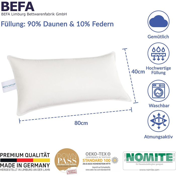 Подушка BEFA NATUR Made in Germany 40х80 см з 90 пухом і 10 пір'ям 1 класу, біла, вага наповнювача 400г. Підходить для алергії (номіт), даунпас (2 шт. и) (40 х 80 см)