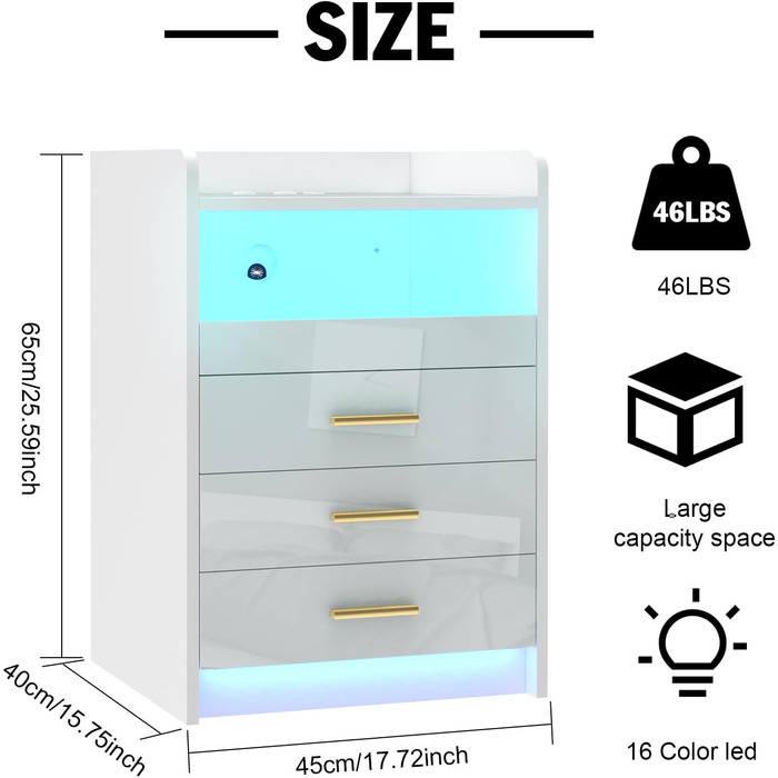 Тумбочка CHOWGOLI з розеткою, світлодіод, 3 ящики, 1 відділення, Push-Pull, 45x40x65 см, біла, набір з 2 шт.