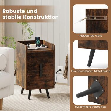 Нічний столик COSTWAY з зарядкою, вузький, 2 шухляди, металеві ніжки, для спальні/вітальні, 40 x 32 x 60 см, рустикальний коричневий