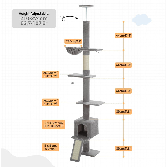 Кігтеточка PAWZ з регулюванням висоти дороги (216-273 см) з гамаком, котячою печерою, ременем проти падіння, сірий