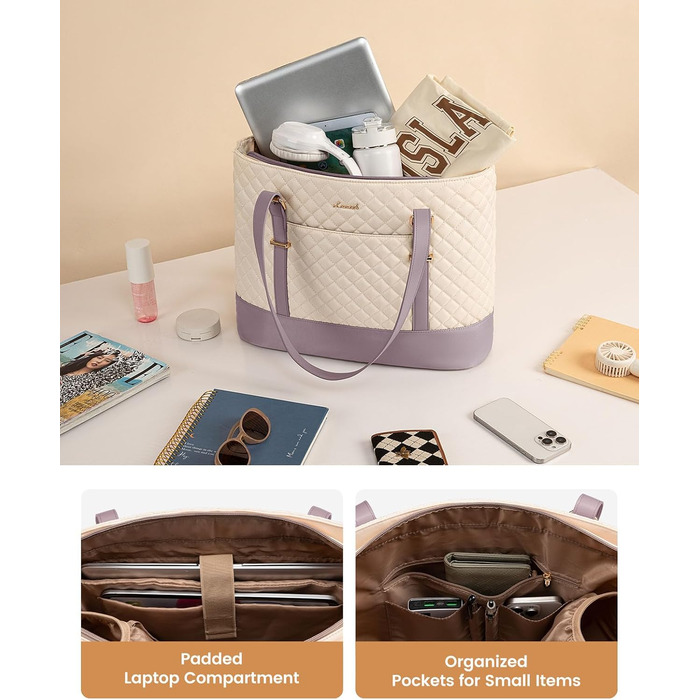 Сумка для ноутбука LOVEVOOK 15.6 дюймів для жінок з відділенням для ланчу, сумка-шоппер, ділова сумка, портфель, сумка для навчання, містка, водонепроникна, для офісу, університету, чорна (15.6 дюймів, Бежевий, Рожевий)