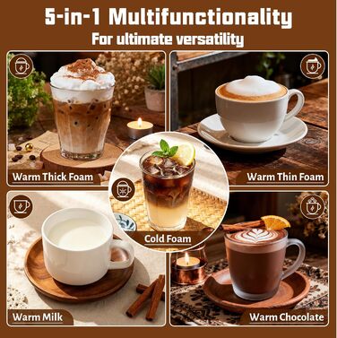 Електричний спінювач молока 5-в-1 з нержавіючої сталі, 500 мл, знімний контейнер, контроль температури, для гарячого та холодного молока, капучино, лате