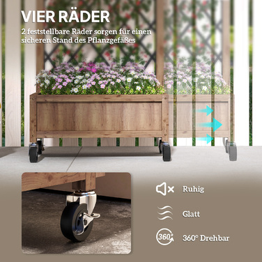 Набір з 2-х піднятих грядок/ящиків для вирощування рослин на колесах, з опорою для ліан, шпалером та кашпо для квітів, дерев'яні, 52x25x97 см, коричневі.