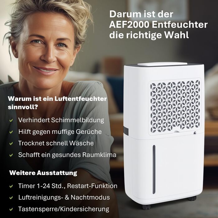 Електричний осушувач повітря AEF2000 - 20 л/день, до 30 м², тихий, з автовимкненням, гігростатом та сенсорним дисплеєм. Ідеально для спальні та ванної кімнати