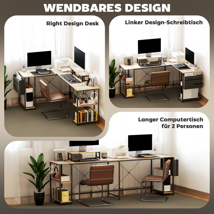 Кутовий письмовий стіл, багатофункціональний офісний стіл з регульованими полицями, кишенею для зберігання та підставкою для монітора, натуральне дерево