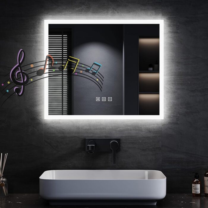 Дзеркало для ванної кімнати SONNI LED 50x70 см з LED-підсвічуванням, сенсорним керуванням, 3 кольори світла, проти запотівання та функцією пам'яті. Білий колір.